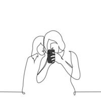 woman stands immersed in the screen of her phone and another peeks from behind - one line art . concept peeking into someone else's phone, curiosity vector