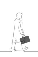 view from the back of a leaving man in a coat with a suitcase - one line art . concept businessman walking down the street in autumn vector