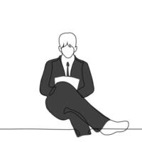 businessman sits cross-legged in a suit and reads a document on his laps - one line art . concept business vector