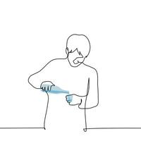 man pours a bottle into a small glass - one line art . concept of getting drunk alone, pouring vodka vector