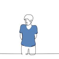 man leaned forward with his hands behind his back, he looks at the camera - one line art . concept of looking with partiality, searching gaze, staring vector