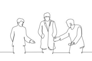 men point with their hands to a man in a coat walking in the center - one line art . concept welcome, security directs, escort vector
