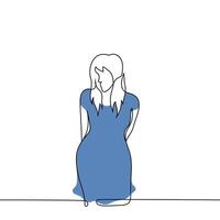 woman leaned forward with her hands behind his back, she looks at the camera - one line art . concept of looking with partiality, searching gaze, staring vector