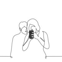 woman stands immersed in the screen of her phone and a man peeks from behind - one line art . concept of peeking into someone else's phone, spying and checking your partner vector