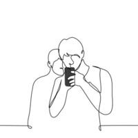 man stands immersed in the screen of his phone and another peeks out from behind - one line art . concept peeking into someone else's phone vector