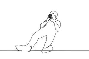man lies at full height with his feet towards the camera holding a phone with both hands - one line art . concept mobile surfing, social media addiction vector