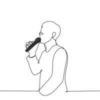 man standing speaking into a microphone - one line art . concept speaker, presenter, singer vector
