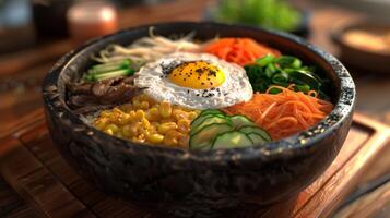 Classic Bibimbap with an array of fresh ingredients. The centerpiece is a fried egg, surrounded by vegetables and beef. photo