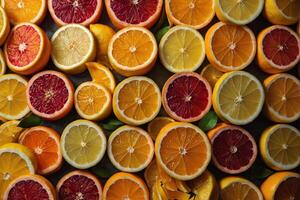 Slices of citrus fruits arranged enticingly on a vibrant tray photo