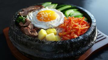 A variety of vegetables, sliced beef, and a sunny-side-up egg. Ingredients are beautifully presented in a traditional hot stone bowl. photo