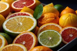 Vibrant Array of Sliced Fruits on a Sunlit Tray. A medley of citrus fruits slices arranged on a sunlit tray. photo