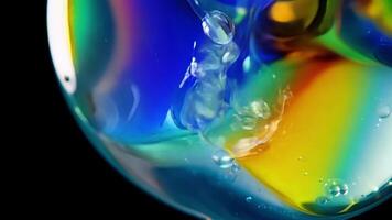 Macro view of colorful iridescent bubbles floating on a black background creating a magical and otherworldly atmosphere.. video