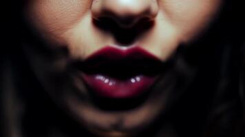 A closeup of a models lips partially hidden in shadow creating a sense of mystery and allure.. video