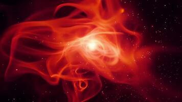 dans le profondeurs de le univers une ardent rouge nébuleuse flambe avec intensité ses brillamment teinté des gaz tourbillonnant et fusion ensemble.. video