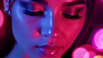 The camera focuses on a womans sculpted cheekbones enhanced by the neon laser lights casting a futuristic and dramatic glow onto her face.. video