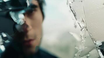 Closeup of a persons face shot through a shattered reflective surface distorting their features and adding a surreal quality to the image.. video