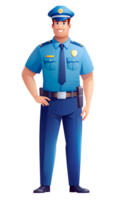 Confident policeman in blue uniform with badge and equipment belt, standing with hands on hips and a friendly smile, on a plain background png