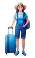 Full height image of a young woman tourist wearing casual clothes and a hat, standing with a suitcase She is smiling and looking confident, ready for travel The background is transparent png