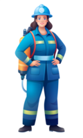 Female firefighter in full gear with helmet and hose smiling while standing png