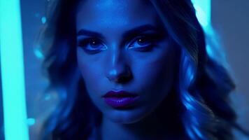 Closeup of a model with intense bright blue neon lights framing her face and emphasizing her fierce gaze.. video