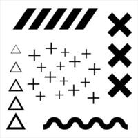 The image is a collage of various shapes and lines in black and white. The shapes include squares, triangles, and circles, while the lines are wavy and curved. Scene is abstract and artistic vector