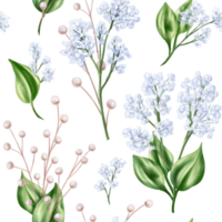 Seamless pattern of blue gypsophila twigs and green leaves. Romantic and beautiful digital illustration, repeating pattern. For decoration and design of invitations, date saving, greeting card png