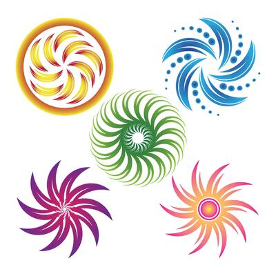 Set of abstract design elements. Swirl, twirl, spiral and vortex shapes.