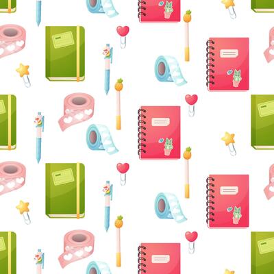Seamless pattern, notebook, pens, school and stationery. Cartoonish and cute.