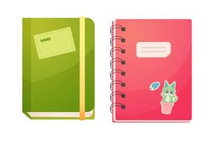 A notebook with stickers, green and pink for studying. Isolated on a white background. vector