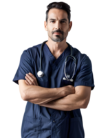 Portrait of a handsome doctor in blue uniform with stethoscope isolated on transparent background png