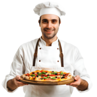 Smiling young Chef holds delicious pizza in his hands isolated on transparent background png