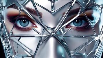 de kamera zoomar i på en modeller ansikte med en trådmodell mask beläggning henne funktioner. de metallisk rader skapa en trogen och andlig se förvandla henne skönhet in i en arbete. video