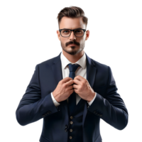 Handsome young businessman adjusting his tie while standing isolated on transparent background png