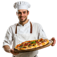 Professional Chef holds pizza in his hands isolated on transparent background png