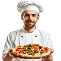 Professional young Chef holds delicious pizza in his hands isolated on transparent background png