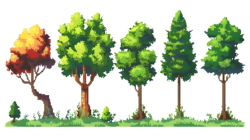 Set of different Pixel art trees Isolated on transparent background png