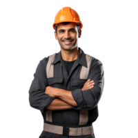 Portrait of a smiling man in a construction helmet, isolated on transparent background png