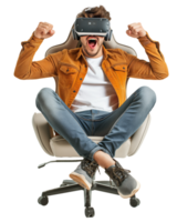 Young handsome man excited after wearing Virtual reality headset siting on gaming chair isolated on transparent background png
