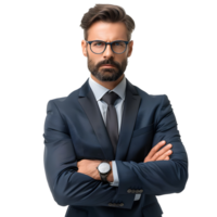 Confident businessman in eyeglasses standing with crossed arms and looking at camera isolated on transparent background png
