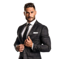 Elegant man with jacket fixing his sleeve and looking to the side isolated on transparent background png