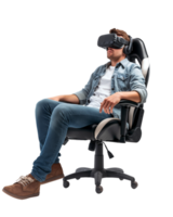 Young boy excited after wearing VR headset siting on gaming chair isolated on transparent background png