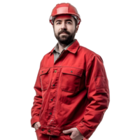 Portrait of a worker in a red jacket and a helmet isolated on transparent background png