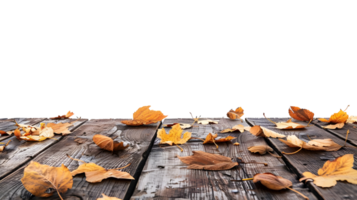 empty Wooden table base with autumn leaves side view for product display isolated on transparent background png