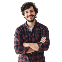 Portrait of a handsome young man in a checkered shirt smiling and looking at the camera isolated on transparent background png