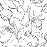 Pottery vase and small flowers in contour monochrome seamless pattern isolated. Leaves and stem in various vase hand drawn ink black white. For pottery themes textile, paper, background vector