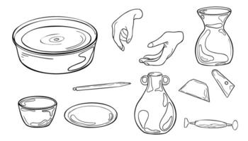 Pottery wheel and modeling tools black white illustration isolated. Set of pottery vases and women hands ink contour hand drawn. Stacks, spatula, jug in outline. For ceramics workshop, school. vector