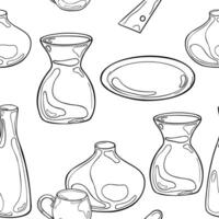 Pottery handcrafted in monochrome black white line seamless pattern isolated. Various vase different shape and size hand drawn graphic. Pattern with jug and pot silhouette for design textile, paper vector