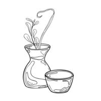 Clay vase with long stems black white illustration isolated. Ink silhouette vase and floral elements in line art. Bowl line contour hand drawn. Element for ceramics class, school modeling clay vector