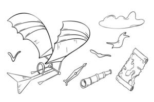 Aircraft black and white contour illustration isolated. First Invention airplane in ink outline hand drawn. Monochrome set of plane, clouds, birds elements. Map, spyglass, compass line art vector