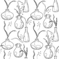 Pottery with foliage hand drawn black white line seamless pattern. Vases with plants in line art. Clay jug with leaves and stems in monochrome contour on endless background. Design textile vector